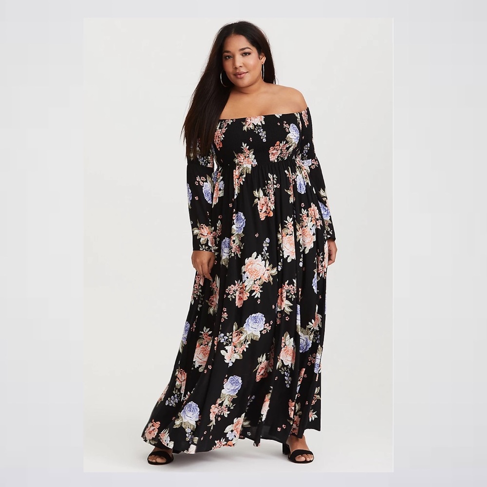 Torrid Black Floral Smocked Off Shoulder Maxi Dress